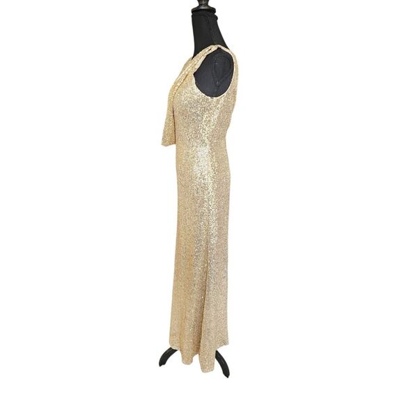 Gold Sequin Evening Gown Dress Cowl Draping Back & Zip Up Back Aleena Grace Sz 4 - Picture 12 of 14